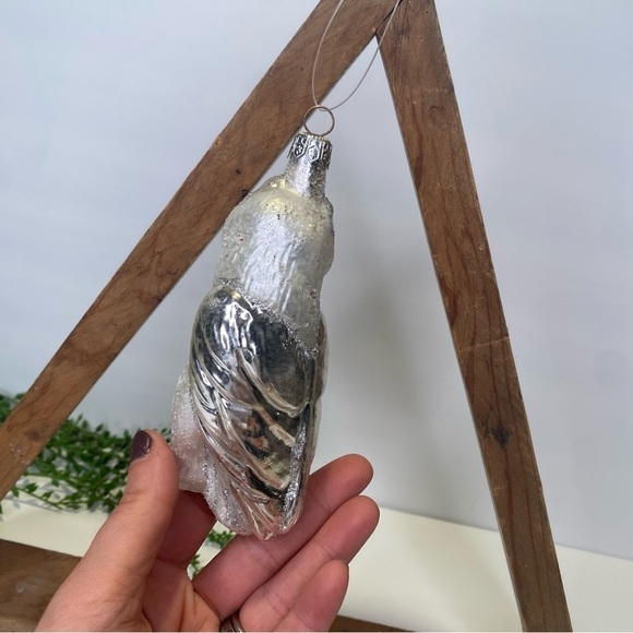 Hand Blown Glass Frosted White & Silver Owl Christmas Ornament - Picture 4 of 6